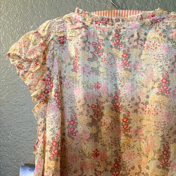 NWT Lucky Brand Floral V-Neck Short Sleeve Blouse Pink Cream Size Large - Picture 8 of 9